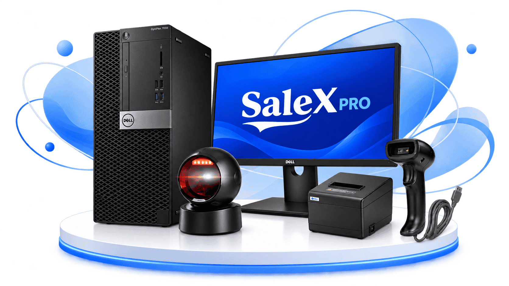 SaleX PRO POS bundle with Dell PC, monitor, desktop scanner, thermal printer and handheld scanner